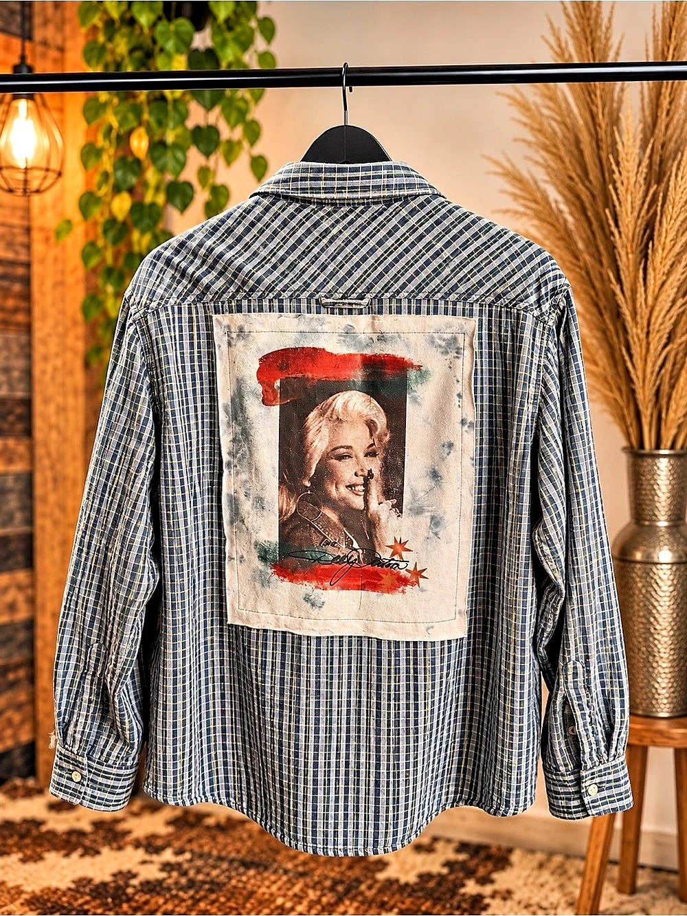 Handmade Upcycle on waffle knit lined plaid button down featuring Dolly Parton